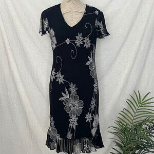 Vintage Y2K Eva Blue Black Floral Beaded V Neck Dress Women's Size 10